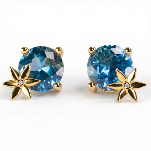 Handmade Gold Plated Silver Stud Earrings with Blue Crystal & Golden Flower | Hypoallergenic Designer Jewelry