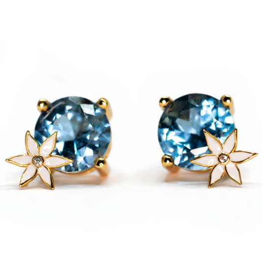 Handmade Gold Plated Silver Earrings with Blue Stone & White Enamel Flower | Hypoallergenic Designer Jewelry
