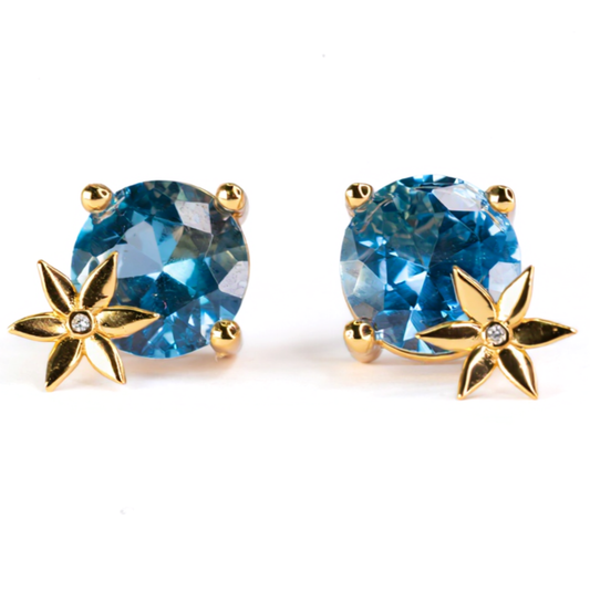 Handmade Gold Plated Silver Stud Earrings with Blue Crystal & Golden Flower | Hypoallergenic Designer Jewelry