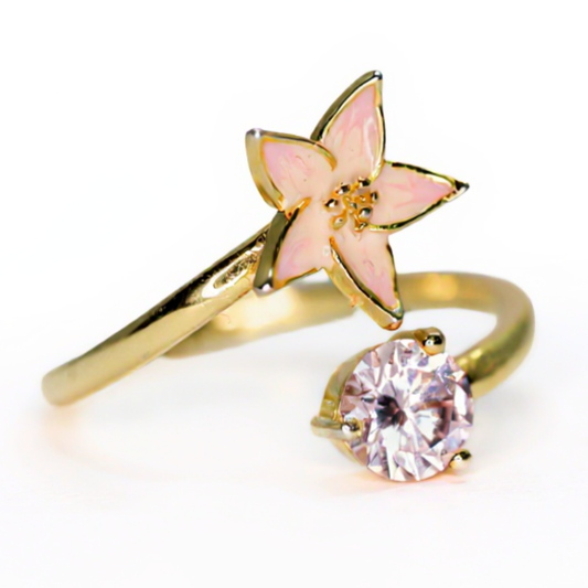Handmade Gold Plated Adjustable Silver Ring with Pink Enamel Flower & Pink Stone | Hypoallergenic Designer Jewelry