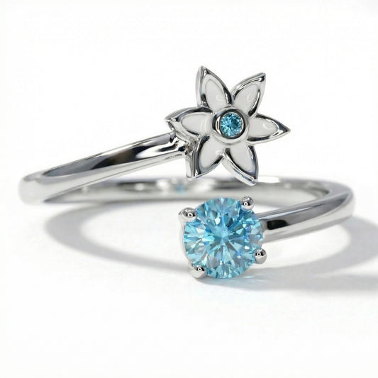 Handmade Silver Ring with Blue Stone & White Enamel Flower | Hypoallergenic Designer Jewelry