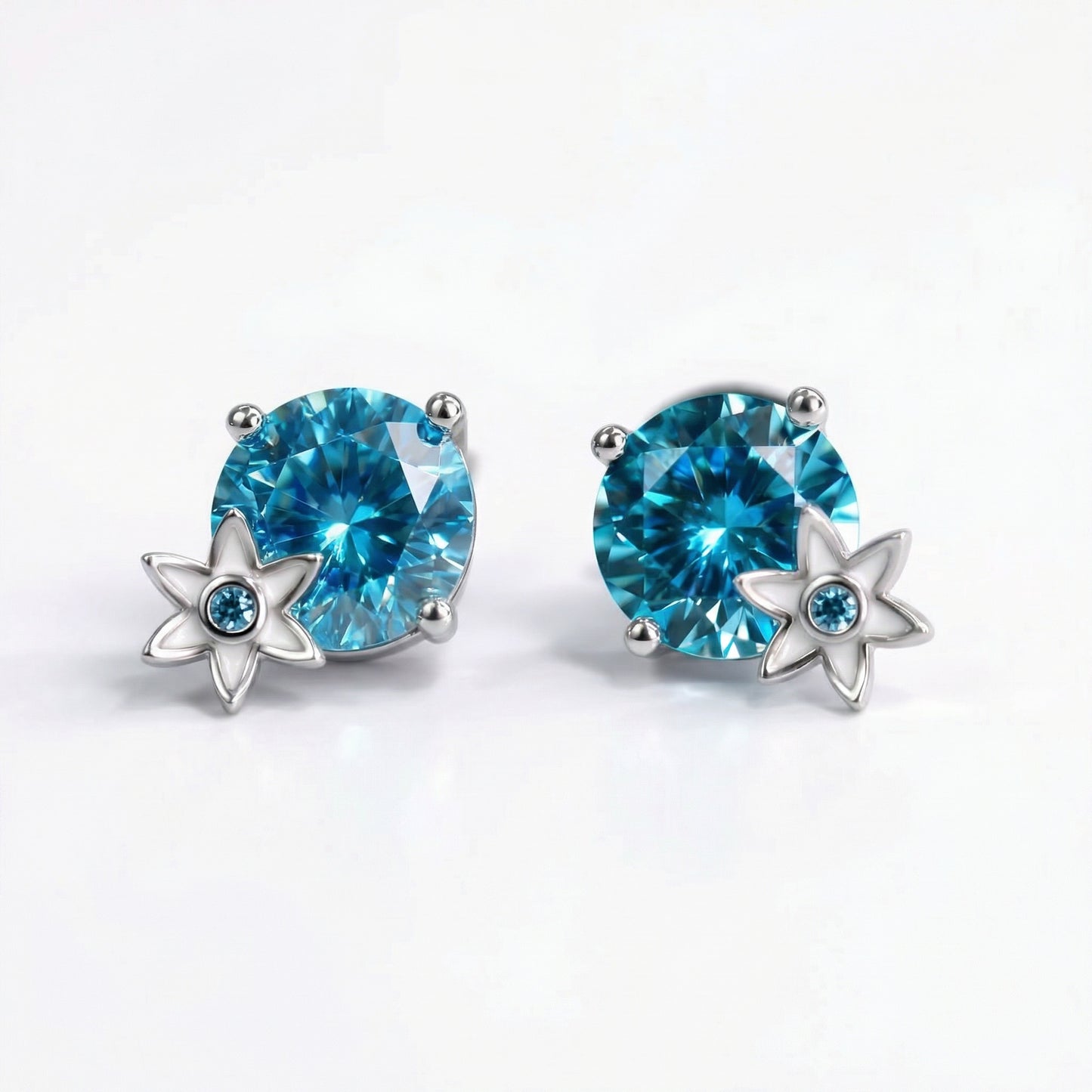 Handmade Silver Stud Earrings with Blue Stone & White Enamel Flower | Hypoallergenic Designer Jewelry