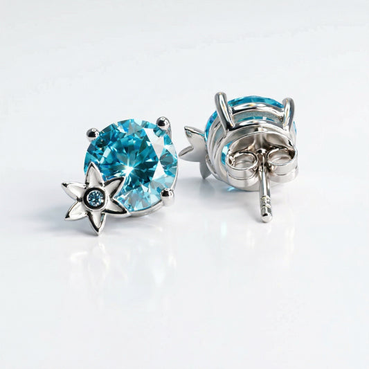 Handmade Silver Stud Earrings with Blue Stone & White Enamel Flower | Hypoallergenic Designer Jewelry